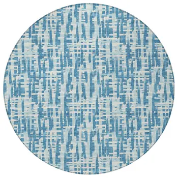 8' Teal Blue Sky Blue And Ivory Round Abstract Washable Indoor Outdoor Area Rug