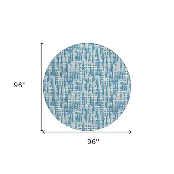8' Teal Blue Sky Blue And Ivory Round Abstract Washable Indoor Outdoor Area Rug