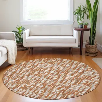 8' Terra Cotta Tan And Ivory Round Abstract Washable Indoor Outdoor Area Rug
