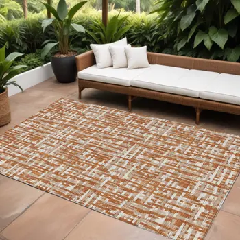 10' X 14' Terra Cotta Tan And Ivory Abstract Washable Indoor Outdoor Area Rug