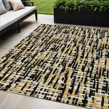 5' X 8' Black Gold And Ivory Abstract Washable Indoor Outdoor Area Rug