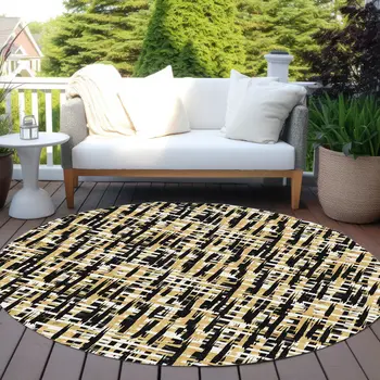 8' Black Gold And Ivory Round Abstract Washable Indoor Outdoor Area Rug