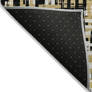 8' Black Gold And Ivory Round Abstract Washable Indoor Outdoor Area Rug