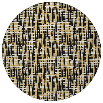 8' Black Gold And Ivory Round Abstract Washable Indoor Outdoor Area Rug
