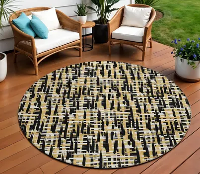 8' Black Gold And Ivory Round Abstract Washable Indoor Outdoor Area Rug