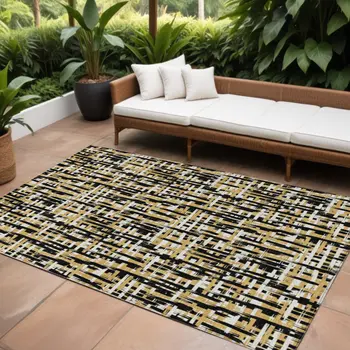8' X 10' Black Gold And Ivory Abstract Washable Indoor Outdoor Area Rug