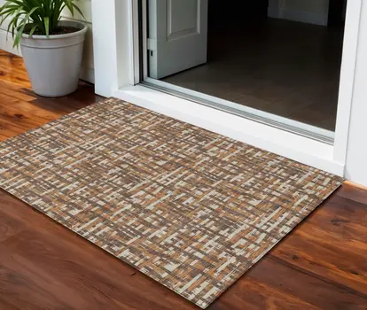 3' X 5' Chocolate Copper And Beige Abstract Washable Indoor Outdoor Area Rug