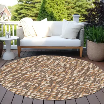 8' Chocolate Copper And Beige Round Abstract Washable Indoor Outdoor Area Rug