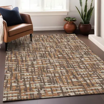 8' X 10' Chocolate Copper And Beige Abstract Washable Indoor Outdoor Area Rug
