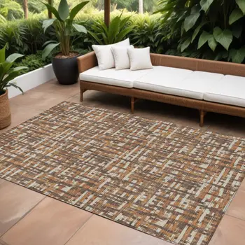 9' X 12' Chocolate Copper And Beige Abstract Washable Indoor Outdoor Area Rug