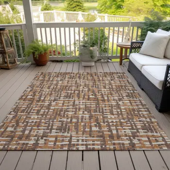 9' X 12' Chocolate Copper And Beige Abstract Washable Indoor Outdoor Area Rug