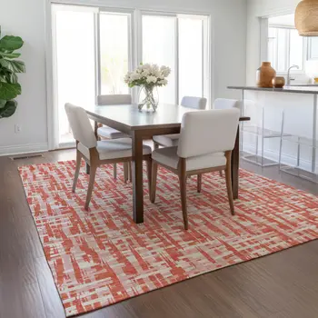 5' X 8' Coral Pink And Ivory Abstract Washable Indoor Outdoor Area Rug