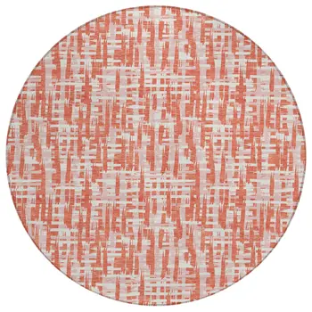 8' Coral Pink And Ivory Round Abstract Washable Indoor Outdoor Area Rug