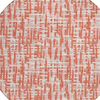 8' Coral Pink And Ivory Round Abstract Washable Indoor Outdoor Area Rug