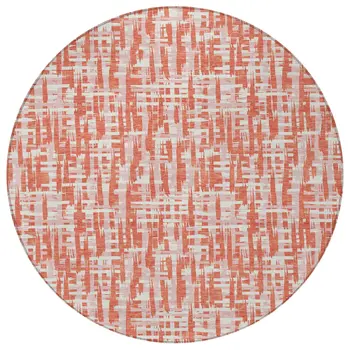 8' Coral Pink And Ivory Round Abstract Washable Indoor Outdoor Area Rug