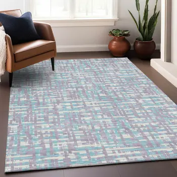 5' X 8' Lavender Aqua And Beige Abstract Washable Indoor Outdoor Area Rug