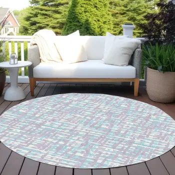 8' Lavender Aqua And Beige Round Abstract Washable Indoor Outdoor Area Rug