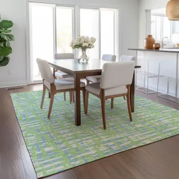 8' X 10' Mint Green Blue And Beige Abstract Washable Indoor Outdoor Area Rug