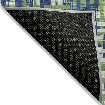 3' X 5' Navy Blue Green And Ivory Abstract Washable Indoor Outdoor Area Rug