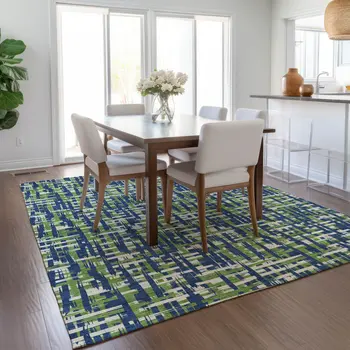 3' X 5' Navy Blue Green And Ivory Abstract Washable Indoor Outdoor Area Rug