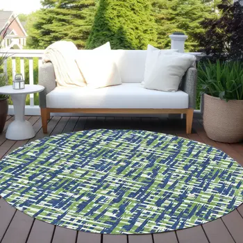 8' Navy Blue Green And Ivory Round Abstract Washable Indoor Outdoor Area Rug
