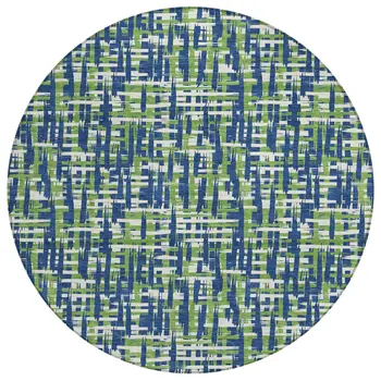 8' Navy Blue Green And Ivory Round Abstract Washable Indoor Outdoor Area Rug