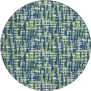 8' Navy Blue Green And Ivory Round Abstract Washable Indoor Outdoor Area Rug