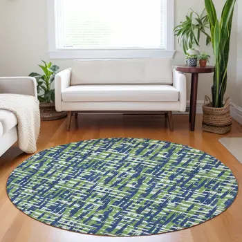 8' Navy Blue Green And Ivory Round Abstract Washable Indoor Outdoor Area Rug