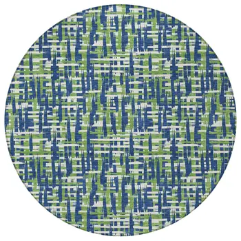 8' Navy Blue Green And Ivory Round Abstract Washable Indoor Outdoor Area Rug
