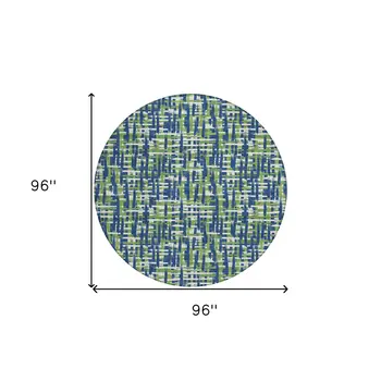 8' Navy Blue Green And Ivory Round Abstract Washable Indoor Outdoor Area Rug