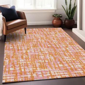 9' X 12' Orange Pink And Beige Abstract Washable Indoor Outdoor Area Rug