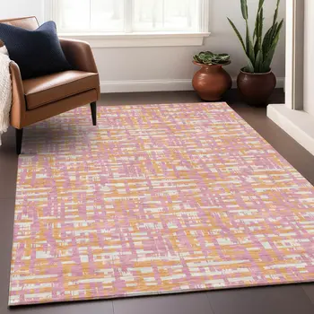 3' X 5' Pink Copper And Beige Abstract Washable Indoor Outdoor Area Rug
