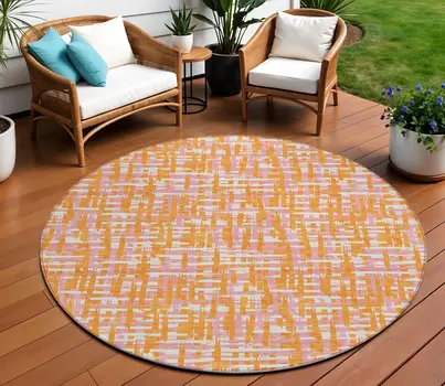 8' Pink Copper And Beige Round Abstract Washable Indoor Outdoor Area Rug