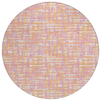 8' Pink Copper And Beige Round Abstract Washable Indoor Outdoor Area Rug