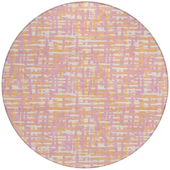 8' Pink Copper And Beige Round Abstract Washable Indoor Outdoor Area Rug