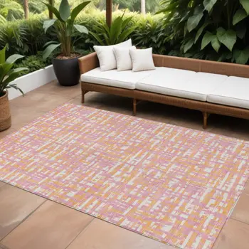 10' X 14' Pink Copper And Beige Abstract Washable Indoor Outdoor Area Rug