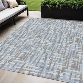 5' X 8' Silver Blue And Beige Abstract Washable Indoor Outdoor Area Rug