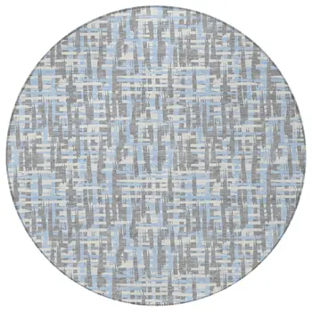8' Silver Blue And Beige Round Abstract Washable Indoor Outdoor Area Rug