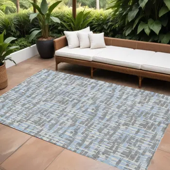8' X 10' Silver Blue And Beige Abstract Washable Indoor Outdoor Area Rug