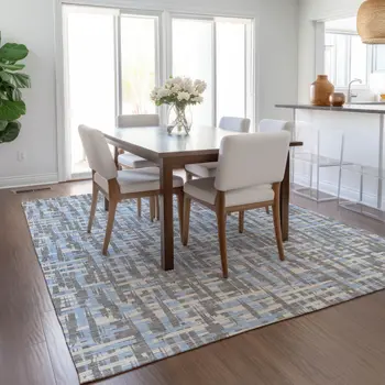 9' X 12' Silver Blue And Beige Abstract Washable Indoor Outdoor Area Rug