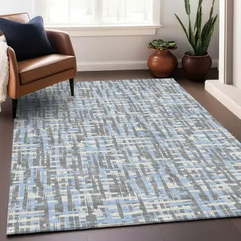 10' X 14' Silver Blue And Beige Abstract Washable Indoor Outdoor Area Rug