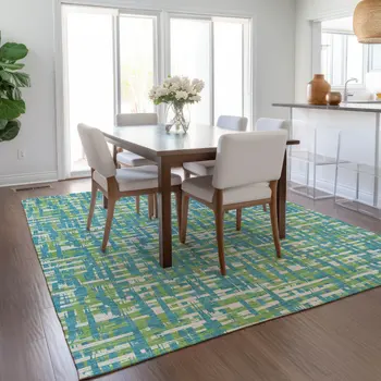 5' X 8' Turquoise Green And Ivory Abstract Washable Indoor Outdoor Area Rug