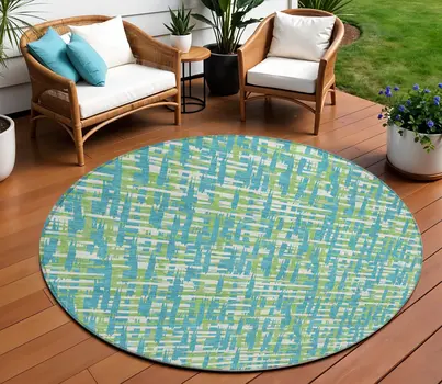 8' Turquoise Green And Ivory Round Abstract Washable Indoor Outdoor Area Rug