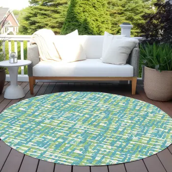 8' Turquoise Green And Ivory Round Abstract Washable Indoor Outdoor Area Rug