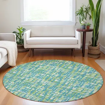 8' Turquoise Green And Ivory Round Abstract Washable Indoor Outdoor Area Rug
