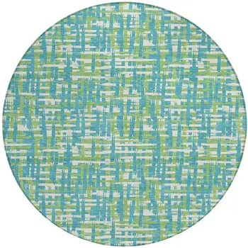 8' Turquoise Green And Ivory Round Abstract Washable Indoor Outdoor Area Rug