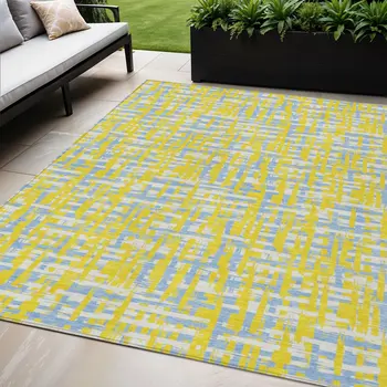 5' X 8' Yellow Denim Blue And Beige Abstract Washable Indoor Outdoor Area Rug