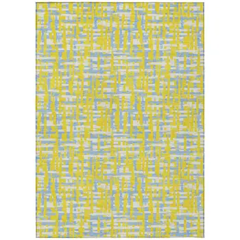 5' X 8' Yellow Denim Blue And Beige Abstract Washable Indoor Outdoor Area Rug