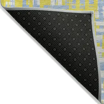 5' X 8' Yellow Denim Blue And Beige Abstract Washable Indoor Outdoor Area Rug
