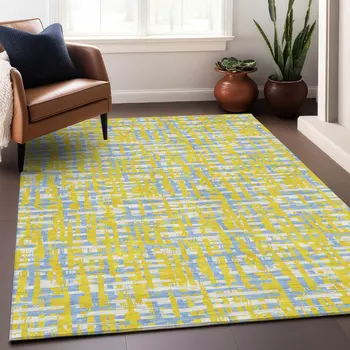 5' X 8' Yellow Denim Blue And Beige Abstract Washable Indoor Outdoor Area Rug